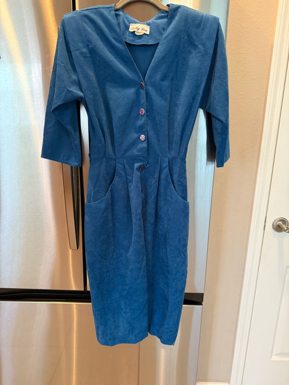 Vintage Sally Lou Blue Faux Suede Dress Button Front